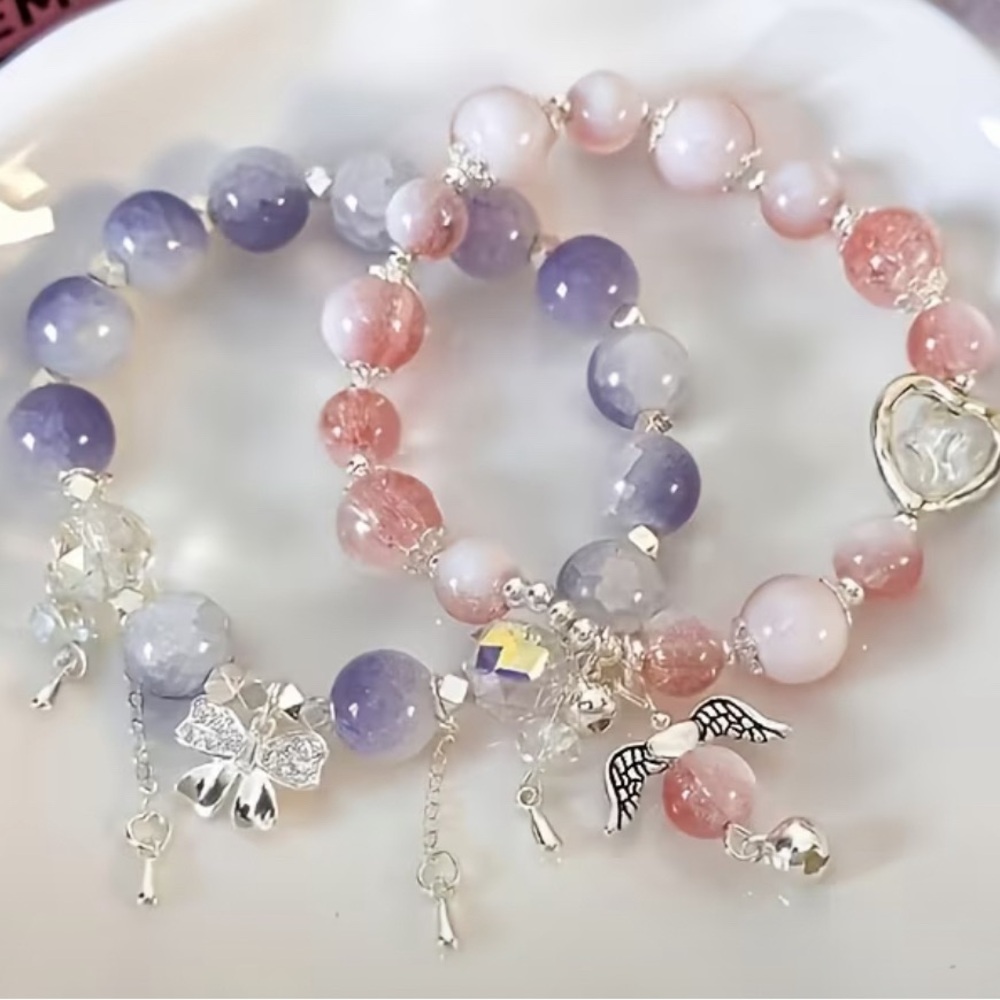 2pc Charming Pink and Purple Beaded Bracelet Set - Picture 1 of 4